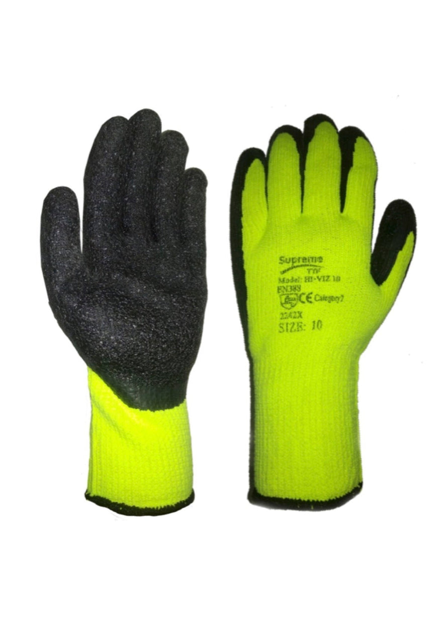 Fluorescent Yellow and black Supreme TTF Vis 10 Thermal latex coated glove. This glove Is optimised for construction in the cold.