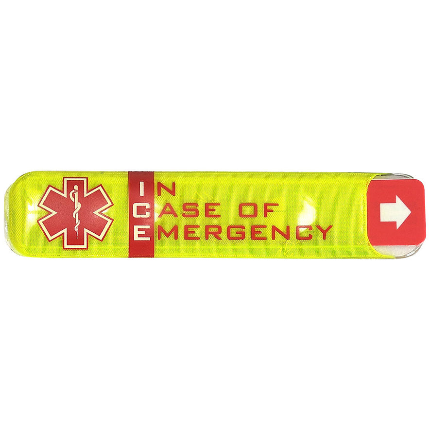 Yellow hi vis I.D. holder with red accents. holder reads in case of emergency.