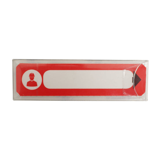 Red and white medical contact information badge. Badge is made of clear plastic.