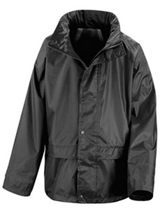 Black waterproof rain jacket with hood and side pockets. Pop Button fasten on jacket.