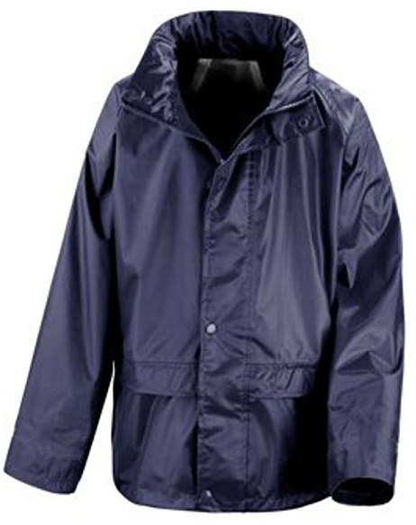 Navy waterproof rain jacket with hood and side pockets. Pop Button fasten on jacket.