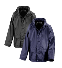 Black and Navy waterproof rain jacket with hood and side pockets. Pop Button fasten on jacket.