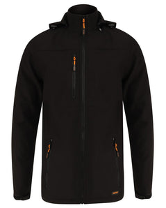 Black softshell jacket with hood and side pockets and chest pocket. Zip fasten on all pockets and Zip fasten coat. Orange zip pulls.