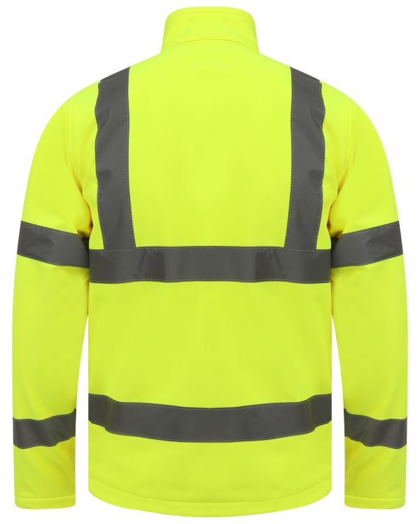 Back of Yellow Hi vis softshell jacket with two waist bands and shoulder bands. 