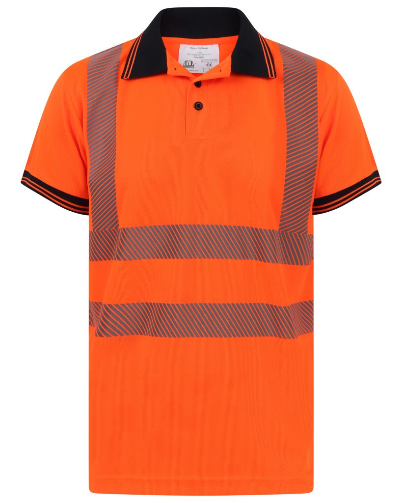 Orange Hi vis polo shirt short sleeve with navy accents on the collar and wrist cuff. Polo Shirts have two hi vis waist bands which are heat seal and hi vis shoulder bands.