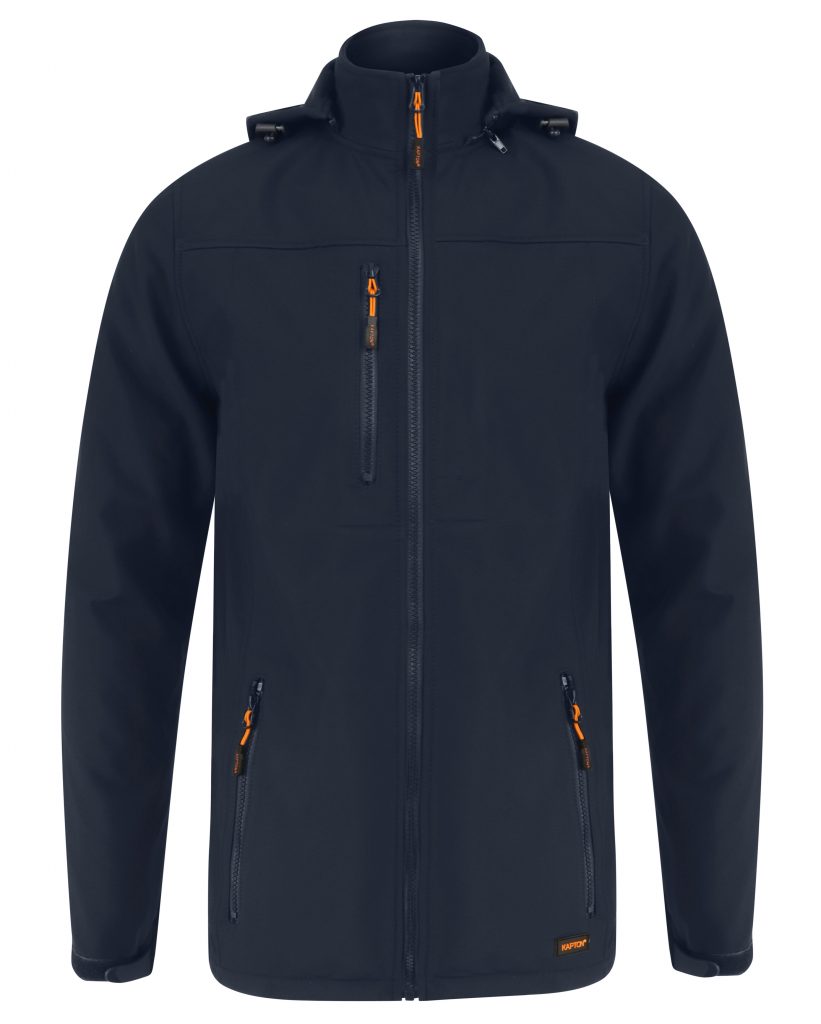 Navy softshell jacket with hood and side pockets and chest pocket. Zip fasten on all pockets and Zip fasten coat. Orange zip pulls.