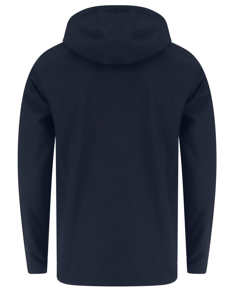 Back of Navy softshell jacket with hood.