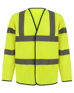 Yellow Hi vis long sleeve vest with two waist bands and shoulder bands. Velcro fasten.