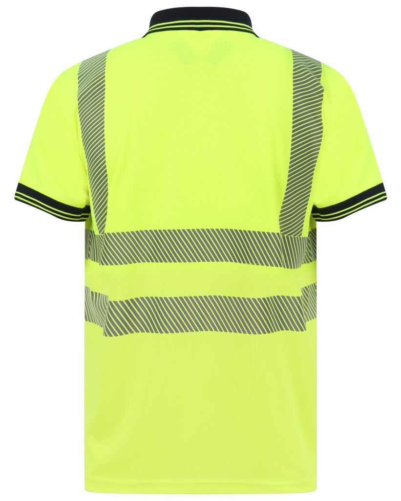 Yellow Hi vis polo shirt short sleeve with navy accents on the collar and wrist cuff. Polo Shirts have two hi vis waist bands which are heat seal and hi vis shoulder bands.