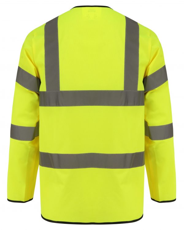 Back of Yellow Hi vis long sleeve vest with two waist bands and shoulder bands.