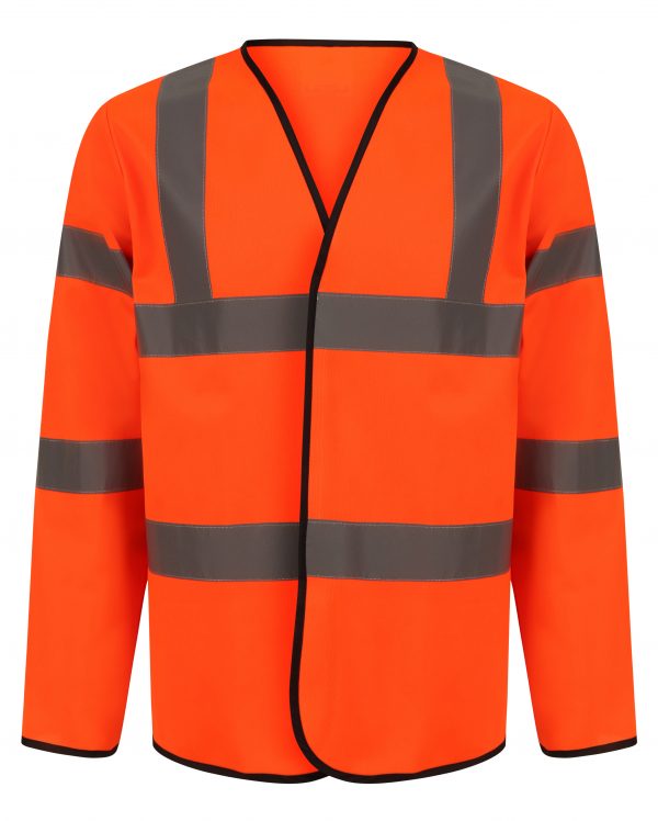 Orange Hi vis long sleeve vest with two waist bands and shoulder bands. Velcro fasten.