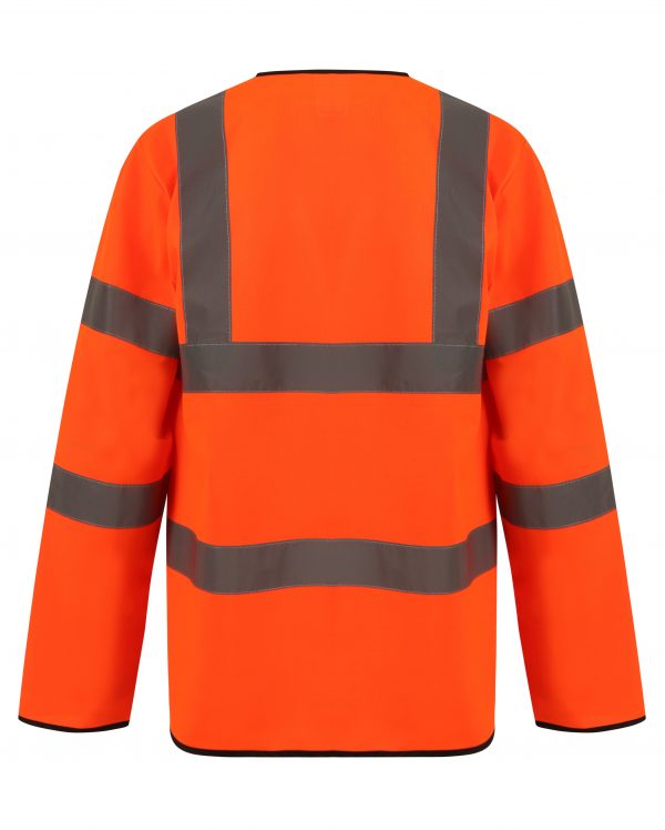 Back of Orange Hi vis long sleeve vest with two waist bands and shoulder bands.