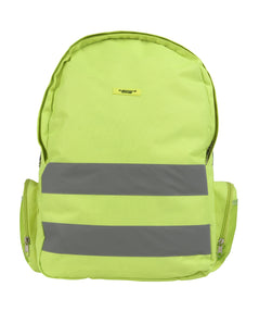 Yellow hi vis backpacks with side pockets and two hi vis bands across the bag.