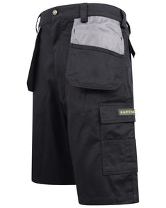 Black Kapton heavy duty multi pocket cargo shorts. Shorts have holster pockets with a grey contrast and d loop for a hammer.  
