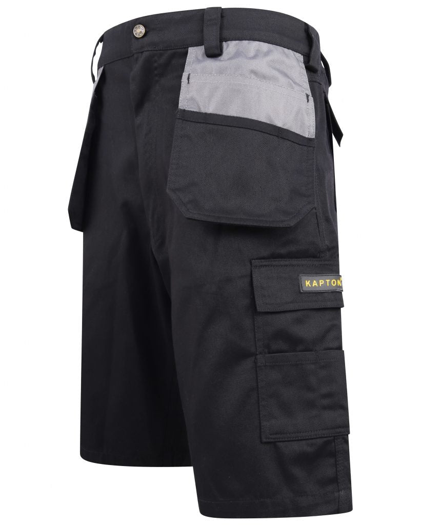 Black Kapton heavy duty multi pocket cargo shorts. Shorts have holster pockets with a grey contrast and d loop for a hammer.