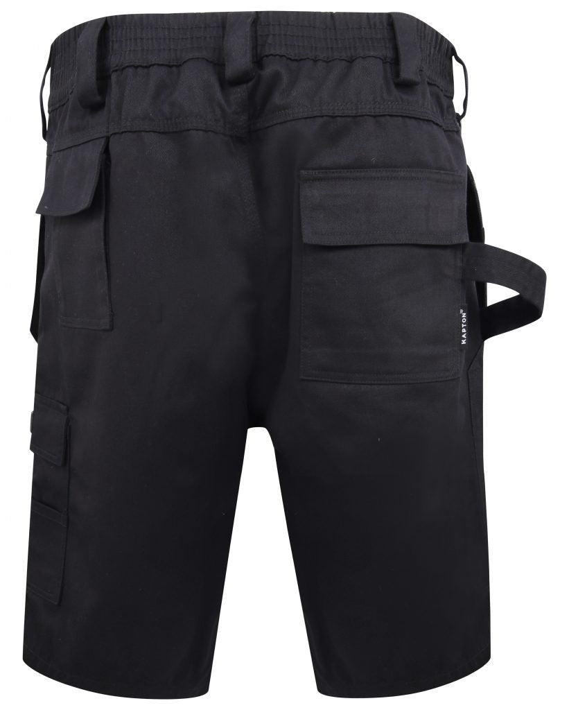 Black Kapton heavy duty multi pocket cargo shorts. Shorts have holster pockets with a grey contrast and d loop for a hammer.