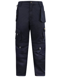 Navy Kapton heavy duty cargo trousers with holster pockets and d loop for a hammer.