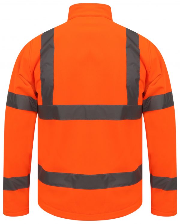 Back of Orange Hi vis softshell jacket with two waist bands and shoulder bands. 