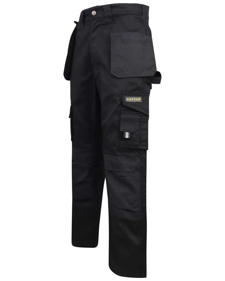 Black Kapton heavy duty cargo trousers with holster pockets and d loop for a hammer.