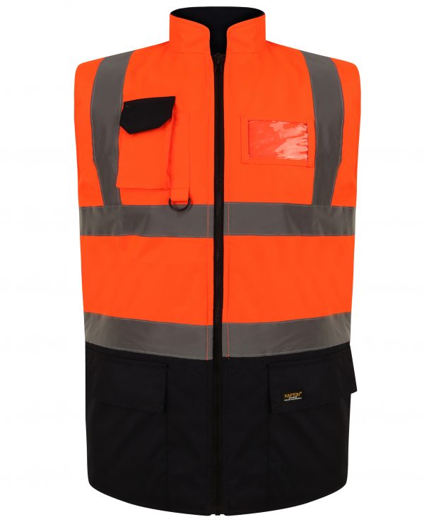 Orange Hi vis body-warmer with Two tone navy accents on the pocket and the bottom of body warmer. two waist bands and shoulder bands. Zip fasten with a id holder, D-loop, chest and waist pockets.