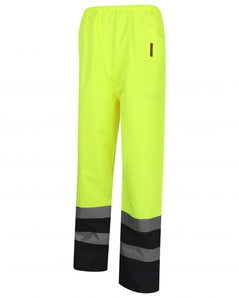 Yellow Hi vis over trousers with two tone accents on the bottom of the trouser. Trousers have two hi vis bands and elasticated waist for tightening.
