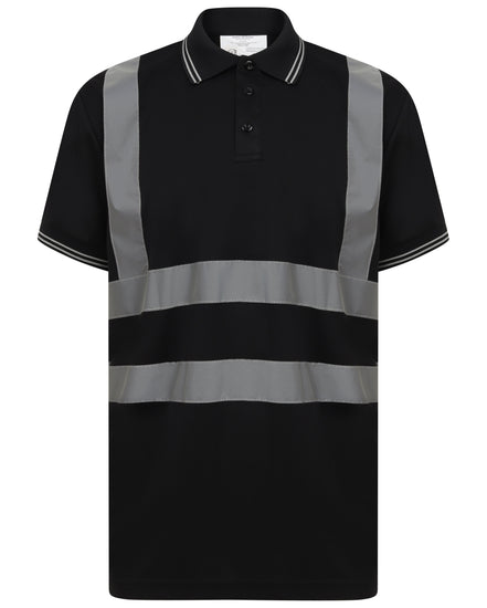 Black Hi vis polo shirt short sleeve with grey accents on the collar and wrist cuff. Polo Shirts have two hi vis waist bands and hi vis shoulder bands.
