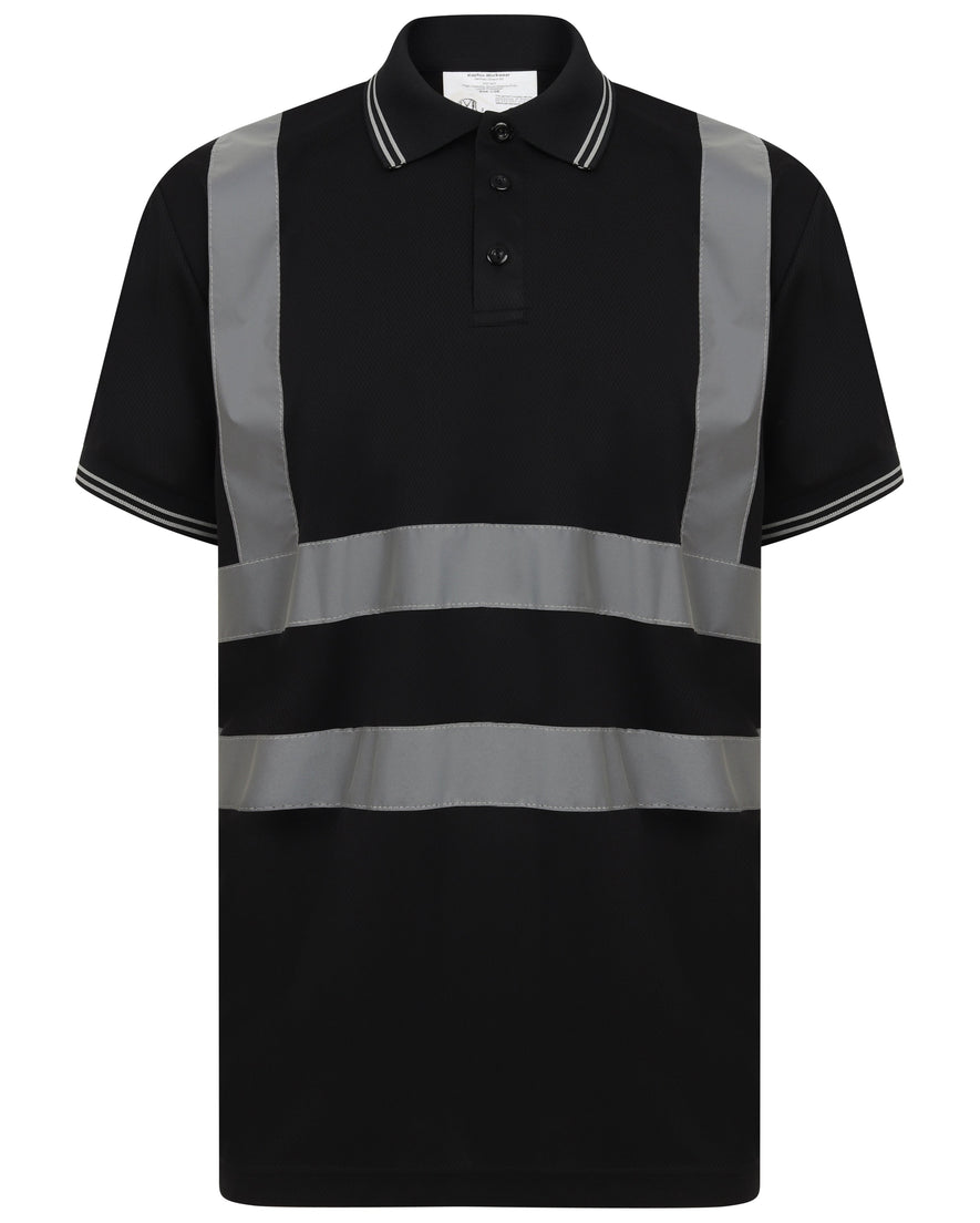 Black Hi vis polo shirt short sleeve with grey accents on the collar and wrist cuff. Polo Shirts have two hi vis waist bands and hi vis shoulder bands.