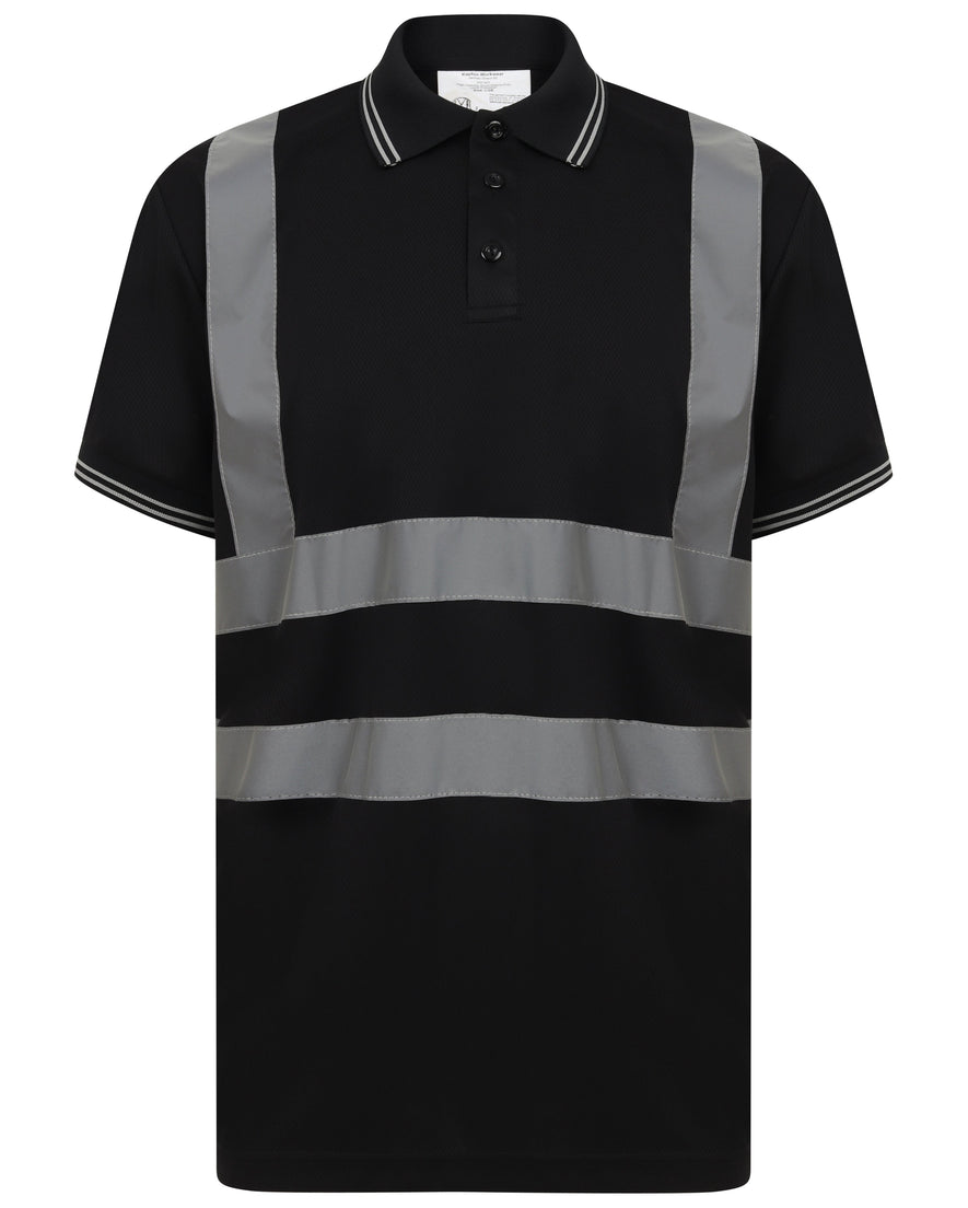 Black Hi vis polo shirt short sleeve with grey accents on the collar and wrist cuff. Polo Shirts have two hi vis waist bands and hi vis shoulder bands.