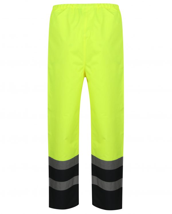 Yellow Hi vis over trousers with two tone accents on the bottom of the trouser. Trousers have two hi vis bands and elasticated waist for tightening.
