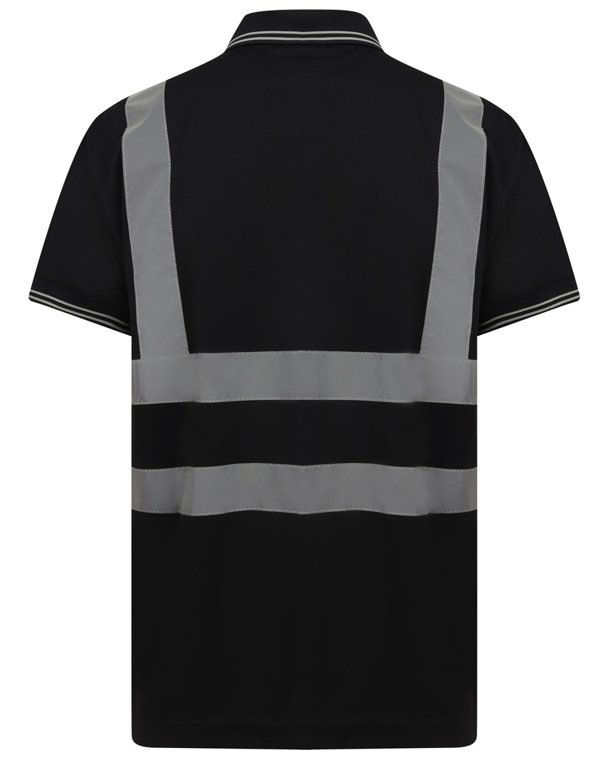 Black Hi vis polo shirt short sleeve with grey accents on the collar and wrist cuff. Polo Shirts have two hi vis waist bands and hi vis shoulder bands.