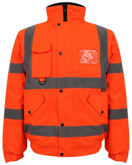 Orange Hi vis bomber jacket with two waist bands and shoulder bands. Pop button fasten with a id holder, chest and waist pockets.