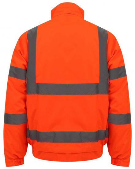 Orange Hi vis bomber jacket with two waist bands and shoulder bands. Pop button fasten with a id holder, chest and waist pockets.