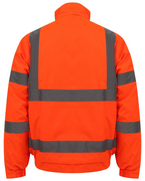 Orange Hi vis bomber jacket with two waist bands and shoulder bands. Pop button fasten with a id holder, chest and waist pockets.