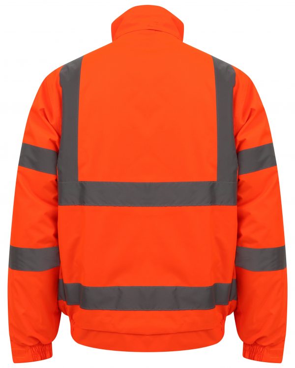 Orange Hi vis bomber jacket with two waist bands and shoulder bands. Pop button fasten with a id holder, chest and waist pockets.