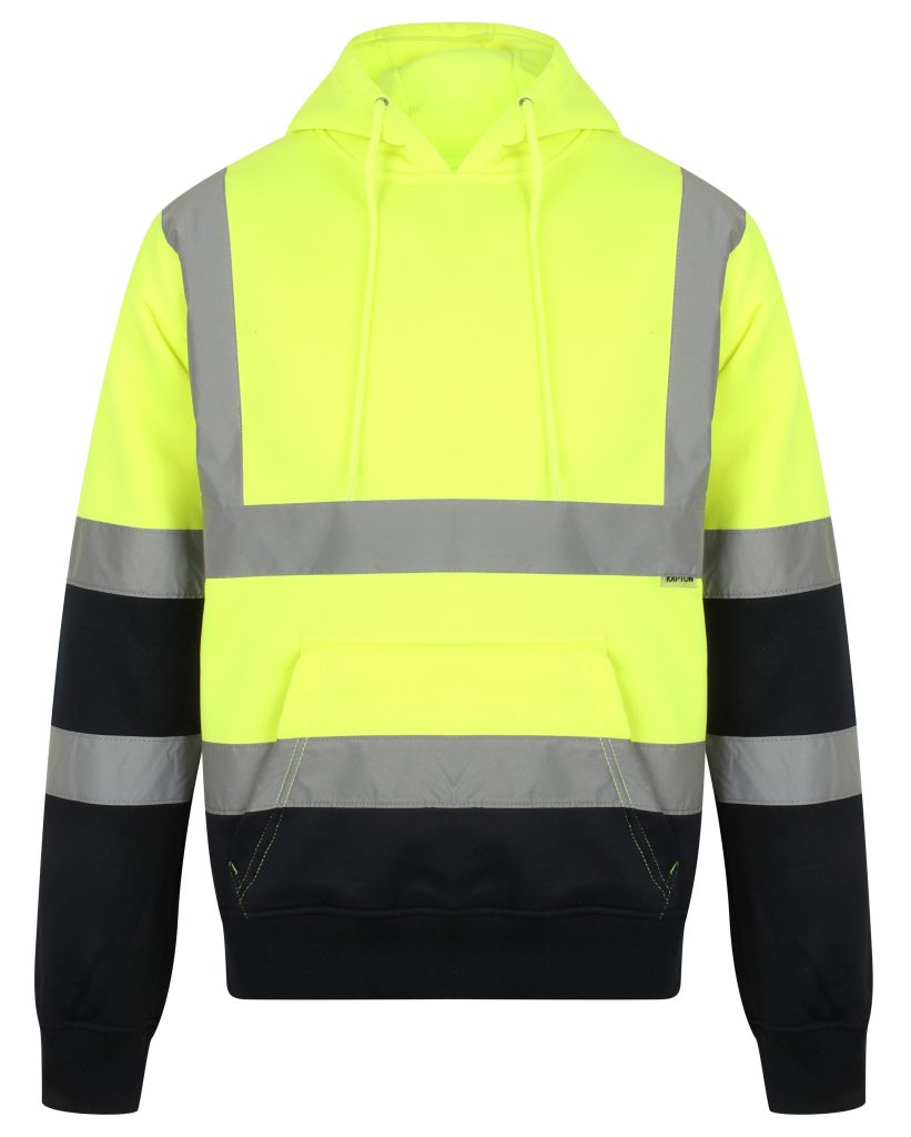 Yellow Hi vis hooded sweatshirt with two tone navy accents on the lower arms and bottom of sweatshirt. Sweatshirts have a large front pocket, two hi vis waist bands and hi vis shoulder bands.  Edit alt text