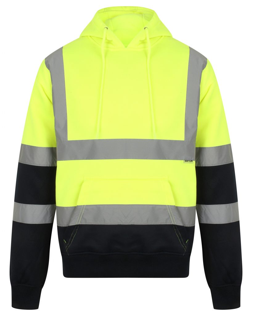 Yellow Hi vis hooded sweatshirt with two tone navy accents on the lower arms and bottom of sweatshirt. Sweatshirts have a large front pocket, two hi vis waist bands and hi vis shoulder bands. Edit alt text