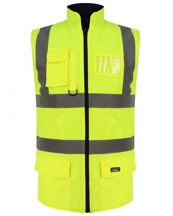 Yellow Hi vis body-warmer with two waist bands and shoulder bands. Zip fasten with a id holder, D-loop, chest and waist pockets.