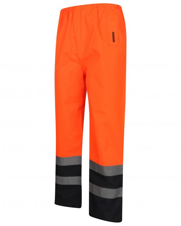 Orange Hi vis over trousers with two tone accents on the bottom of the trouser. Trousers have two hi vis bands and elasticated waist for tightening.