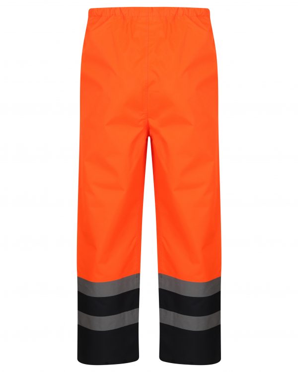 Orange Hi vis over trousers with two tone accents on the bottom of the trouser. Trousers have two hi vis bands and elasticated waist for tightening.