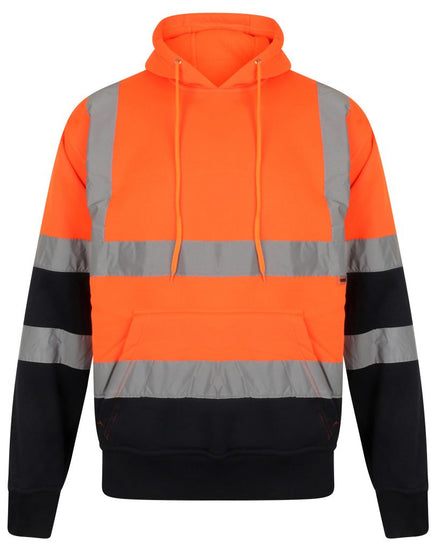 Orange Hi vis hooded sweatshirt with two tone navy accents on the lower arms and bottom of sweatshirt. Sweatshirts have a large front pocket, two hi vis waist bands and hi vis shoulder bands.  Edit alt text