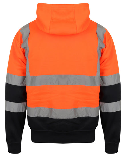 Back of Orange Hi vis hooded sweatshirt with two tone navy accents on the lower arms and bottom of sweatshirt. Visible hood.