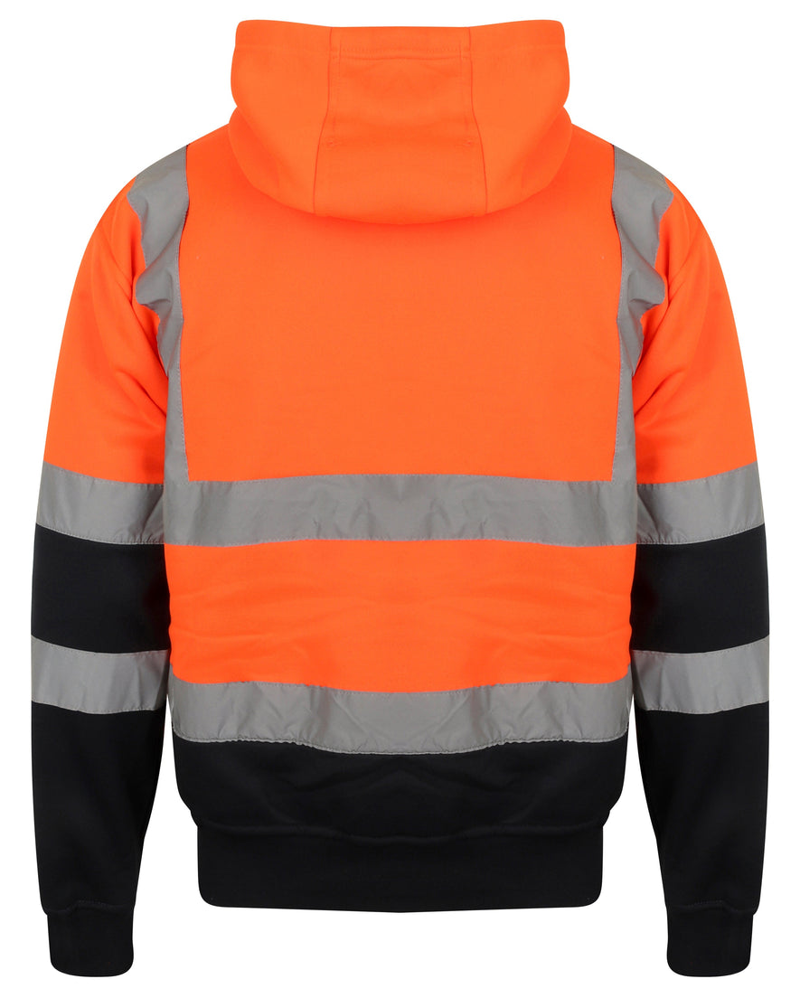 Back of Orange Hi vis hooded sweatshirt with two tone navy accents on the lower arms and bottom of sweatshirt. Visible hood.