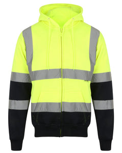 Yellow Hi vis hooded sweatshirt with two tone navy accents on the lower arms and bottom of sweatshirt. Sweatshirts have side pockets, two hi vis waist bands and hi vis shoulder bands. Sweatshirts are zip fasten.