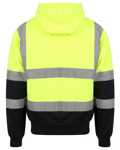 Back of Yellow Hi vis hooded sweatshirt with two tone navy accents on the lower arms and bottom of sweatshirt. Visible hood.