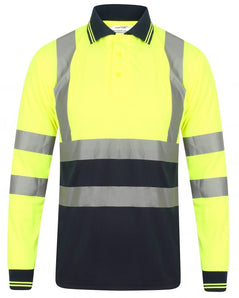 Yellow Hi vis polo shirt long sleeve with Navy accents on the collar bottom of the shirt and wrist cuff. Polo Shirts have two hi vis waist bands and hi vis shoulder bands.