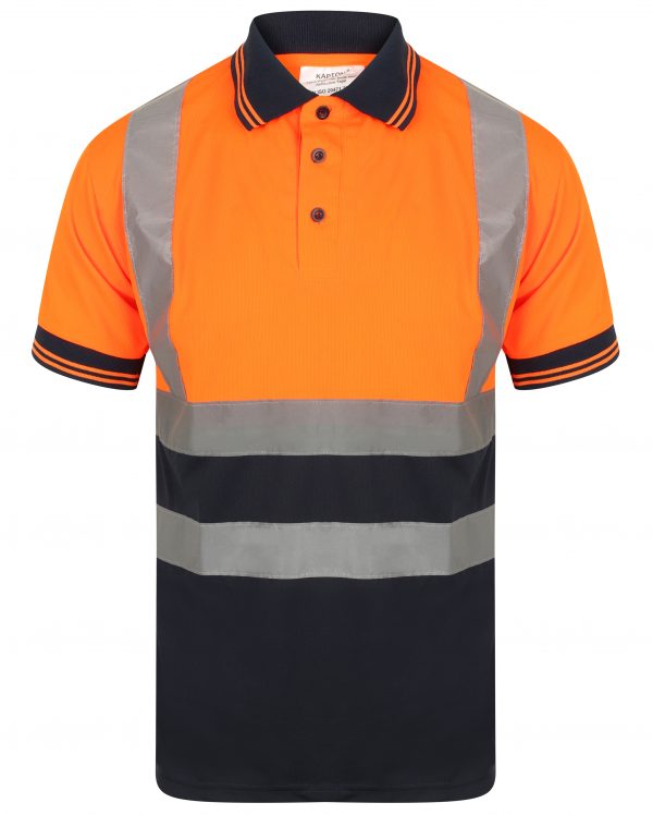 Orange Hi vis polo shirt short sleeve with navy accents on the collar, Bottom of the shirt and wrist cuff. Polo Shirts have two hi vis waist bands and hi vis shoulder bands.