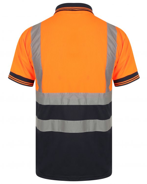 Orange Hi vis polo shirt short sleeve with navy accents on the collar, Bottom of the shirt and wrist cuff. Polo Shirts have two hi vis waist bands and hi vis shoulder bands.