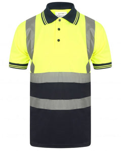 Yellow Hi vis polo shirt short sleeve with navy accents on the collar, Bottom of the shirt and wrist cuff. Polo Shirts have two hi vis waist bands and hi vis shoulder bands.