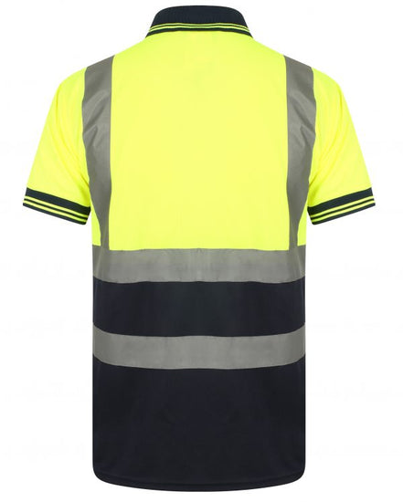 Yellow Hi vis polo shirt short sleeve with navy accents on the collar, Bottom of the shirt and wrist cuff. Polo Shirts have two hi vis waist bands and hi vis shoulder bands.