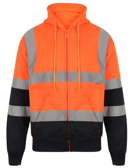 Orange Hi vis hooded sweatshirt with two tone navy accents on the lower arms and bottom of sweatshirt. Sweatshirts have side pockets, two hi vis waist bands and hi vis shoulder bands. Sweatshirts are zip fasten.